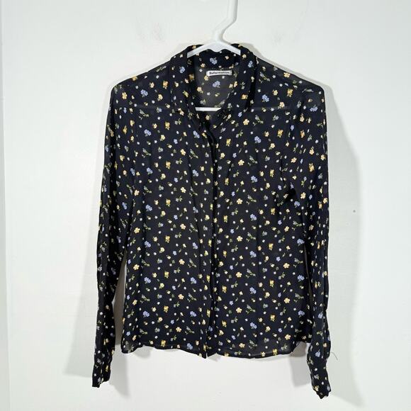 Reformation Violet Black Floral Semi Sheer Long Sleeve Button Up Blouse Small - Picture 2 of 15